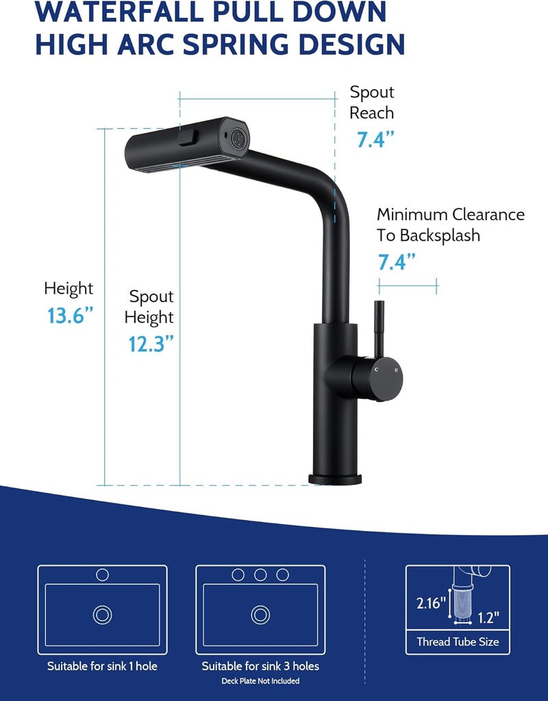 LUFEIDRA Kitchen Faucet with Pull Down Sprayer, Waterfall Single Hole Single Handle Sink Faucets with Pull-Down Sprayer for RV Kitchen Camper, Matte Black - Image 5